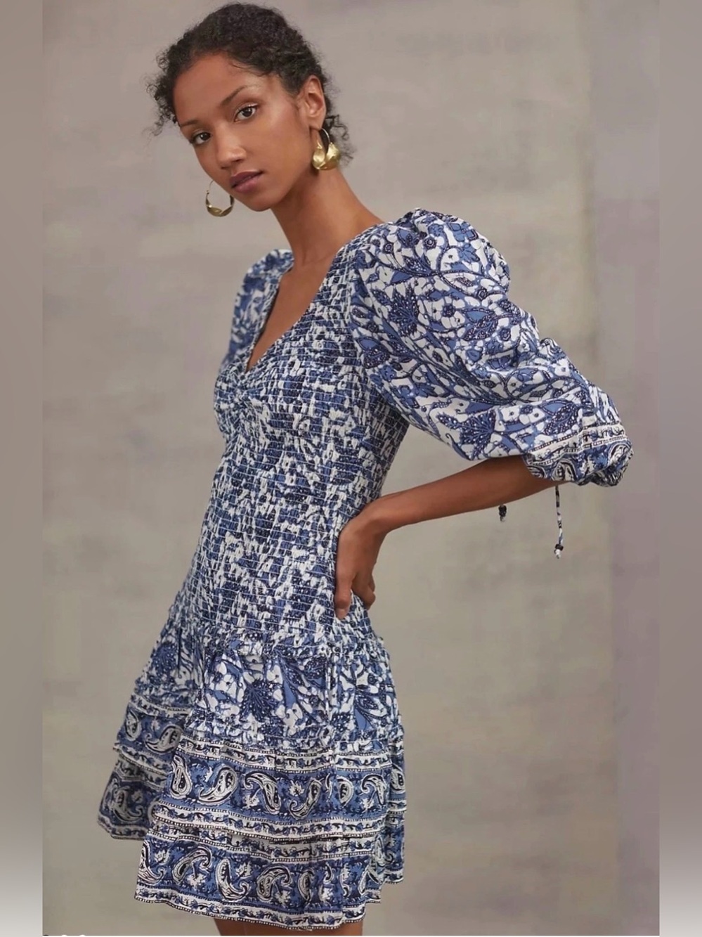Love The Label Anthropologie Mabel Blue Smocked Floral Mini Dress Size M C